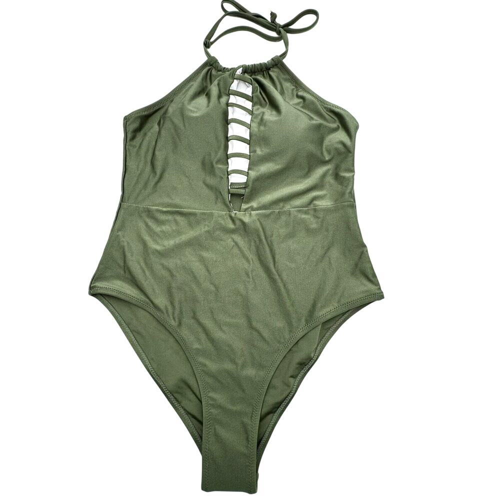 CUPSHE NWT Women's Large Green Halter Plunge Cut Outs‎ Padded One Piece Swimsuit - Picture 2 of 10